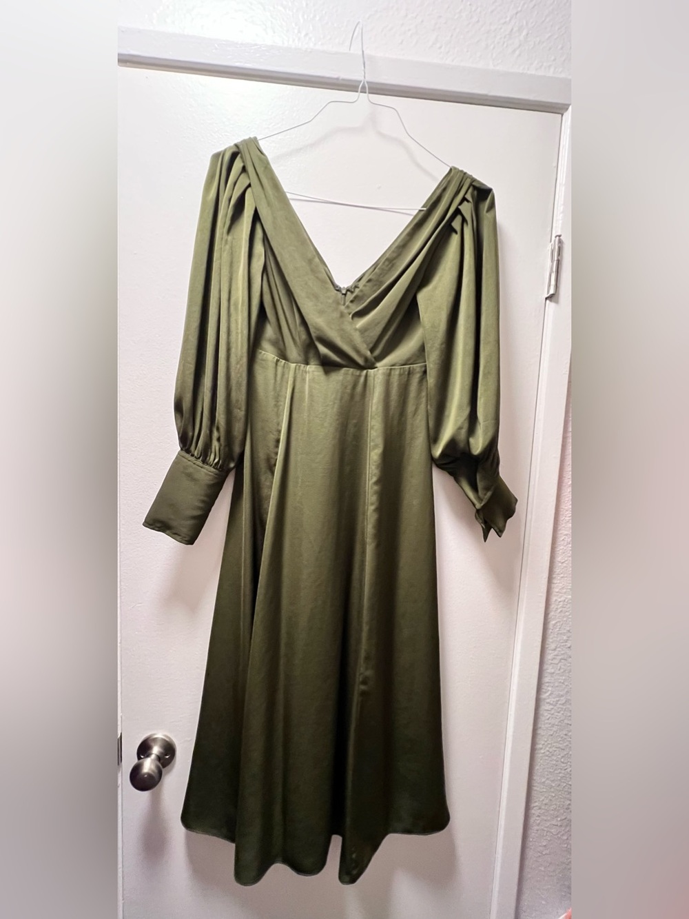 Banana Republic Olive Green V-Neck Midi Dress with Bishop Sleeves